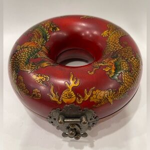 Antique Chinese Qing Mandarin Court Necklace Wood Box Asian Dragon & Phoenix
